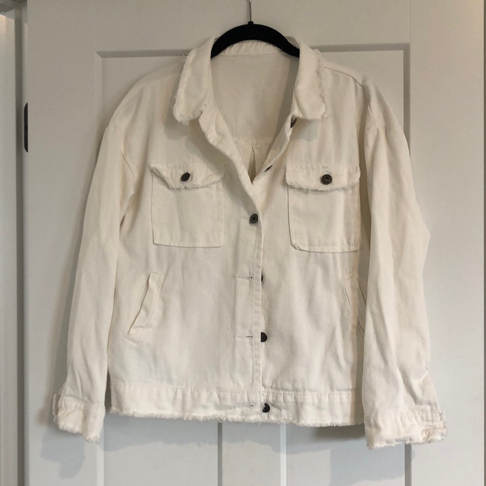 White frayed edge light denim jacket, size S
